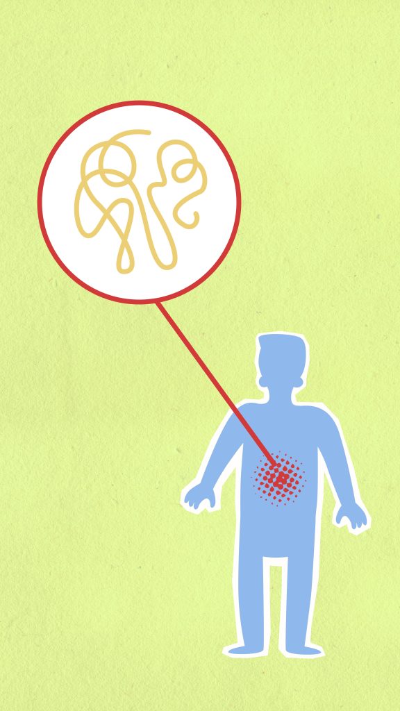 Cardboard illustration of sick human figure with genetic material in organism on green background Illustration en carton d'une figure humaine malade avec du matériel génétique dans l'organisme sur fond vert